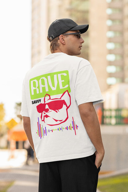 Back view of a white man wearing the white Be Bold T-shirt design that says Rave Savvy