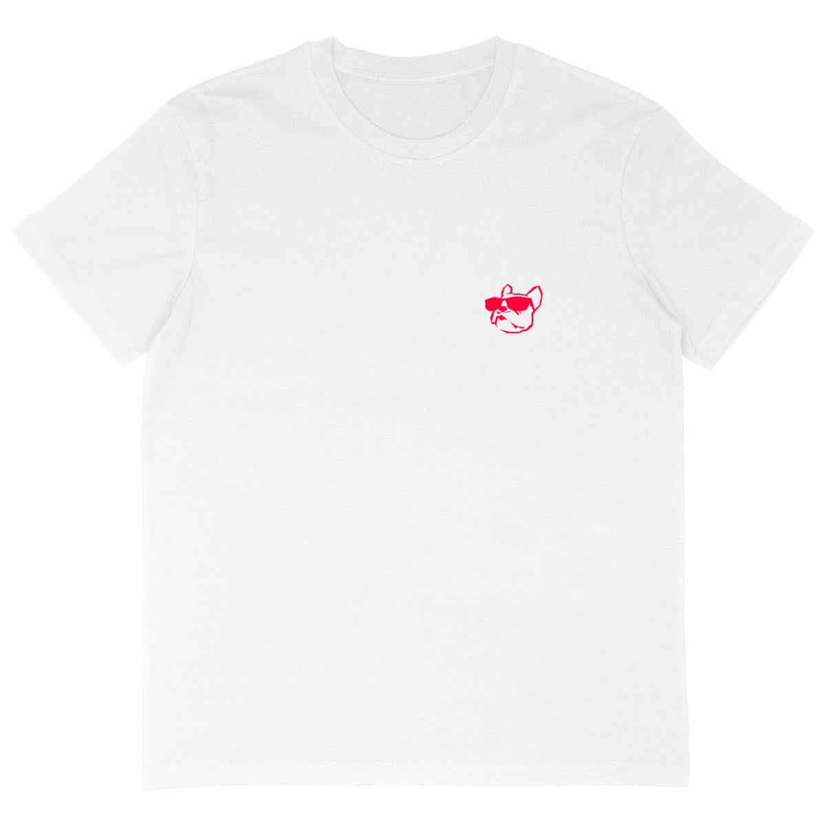 Front view of the mock up of the white Be Bold T-shirt design that depicts the logo of the dog in red