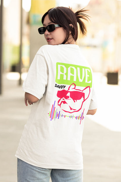 Back view of an asian girl wearing sunglasses and wearing the white Be Bold T-shirt design that depicts that says Rave Savvy