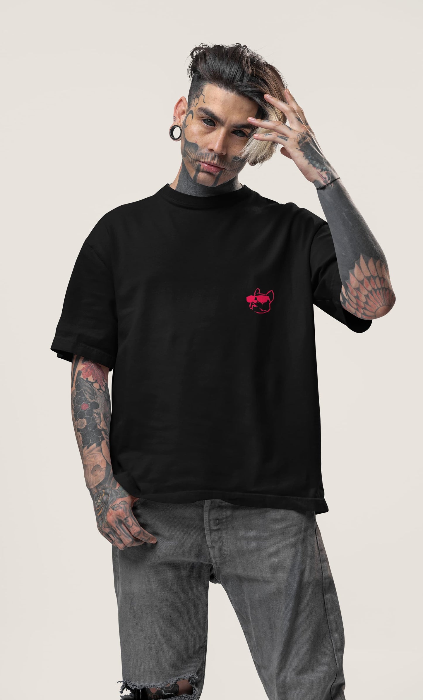 mock up of a man with face tattoos wearing a black T-shirt with the Rave Savvy logo