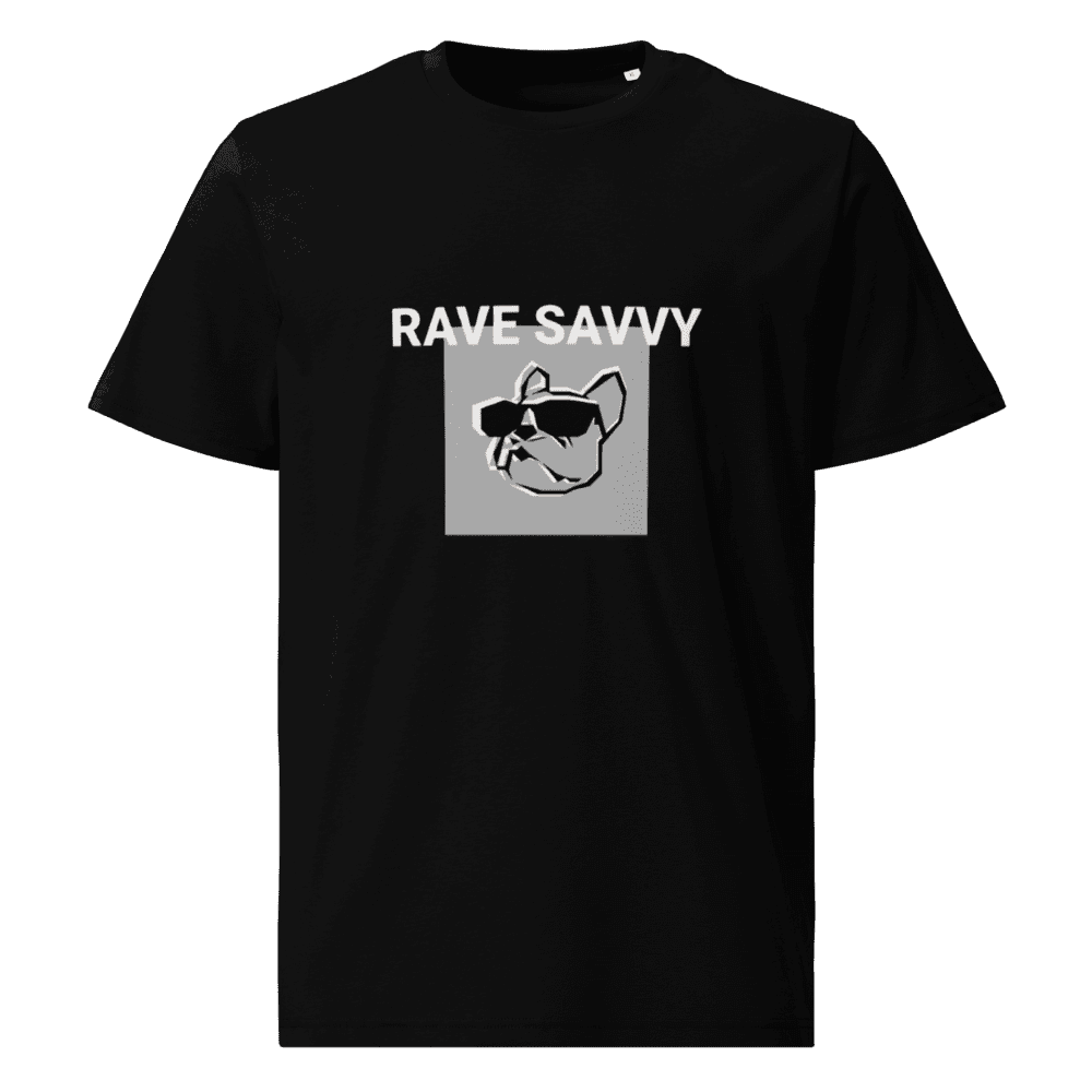 Front mock up of the black "Bulldog" T-shirt with the Rave Savvy words and logo