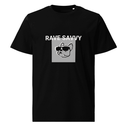 Front mock up of the black "Bulldog" T-shirt with the Rave Savvy words and logo